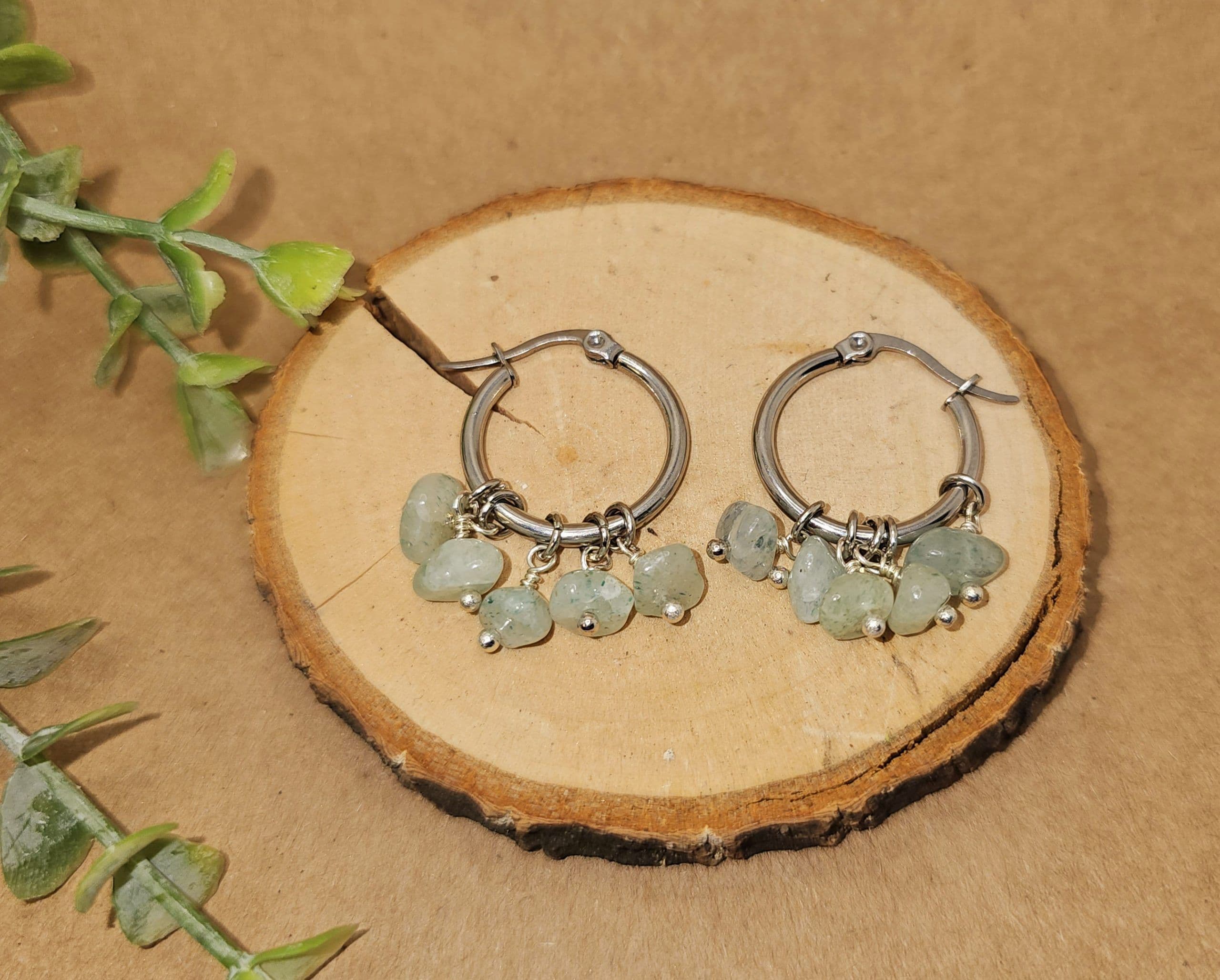 Aventurine Cluster Stainless Steel Hoop Earrings